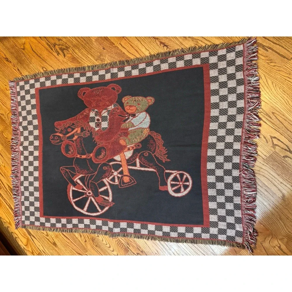 Vintage‎ Goodwin Weavers Teddy Bear Rocking Horse Woven Throw Blanket Gingham